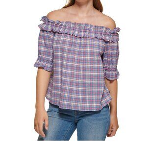 TOMMY HILFIGER Women's Blue Ruffled Plaid Elbow Sleeve Off Shoulder Top